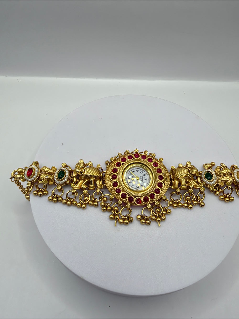 Traditional Kashmiri Gold Plated Watch Bracelet with Red and Green Stones